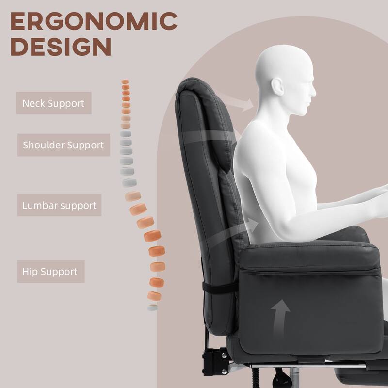 PU Leather Executive Office Chair Ergonomic Reclining Swivel with Footrest Lumbar Support Black