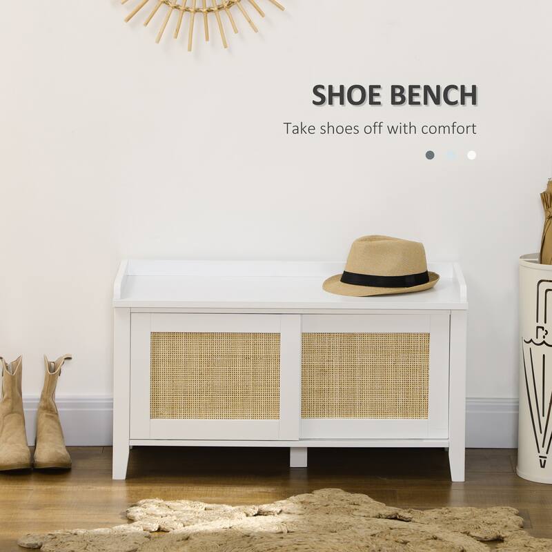 White Rattan Shoe Storage Bench with Sliding Doors and Pine Wood Legs for Entryway or Hallway - 31.5" W x 13.75" D x 17.75" H
