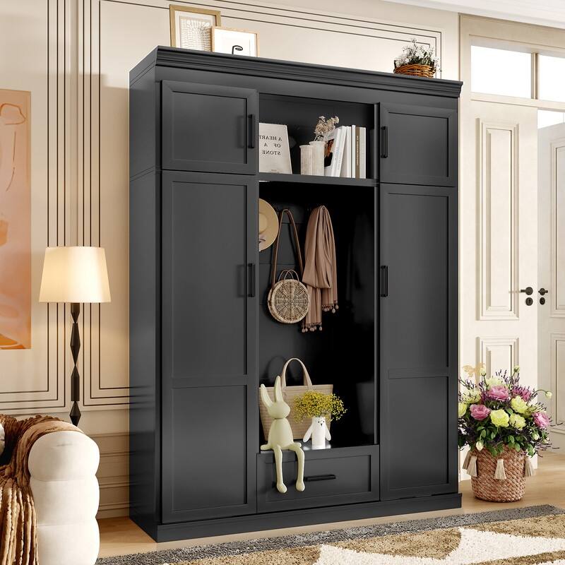 Entryway Bench with Coat Rack, Adjustable Shelves and Drawers, Entryway Storage Organizer Cabinet with 4 Doors - Black