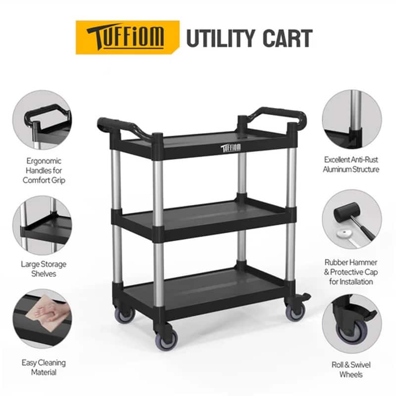 3 Tier Medium 390lbs Capacity Plastic Utility Cart with Wheels Black