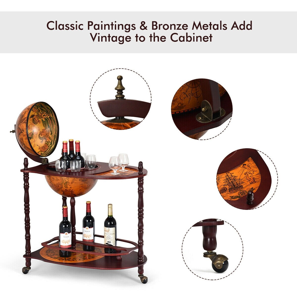Costway Wood Globe Wine Bar Stand 34 H 16th Century Italian Rack