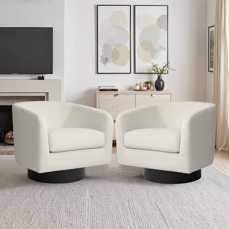 2 Set 360-Degree Swivel Round Barrel Chair Velvet Accent Chairs - 31.1"W×29.1"D×29.1"H - Ivory