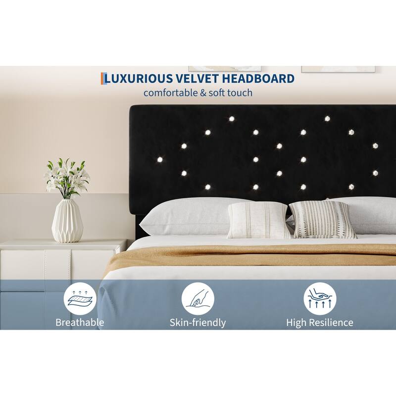 Velvet Upholstered Bed Frame, Vertical Channel Tufted & Sturdy Wood Slats