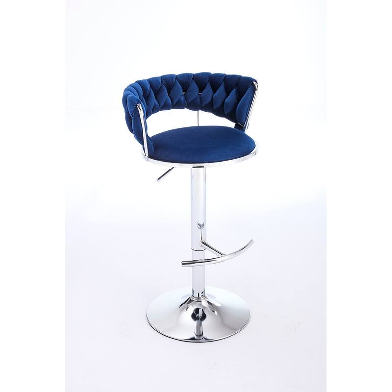 Set of 2 Adjustable Swivel Bar Stools, Blue Velvet with Chrome Footrest & Chrome Legs