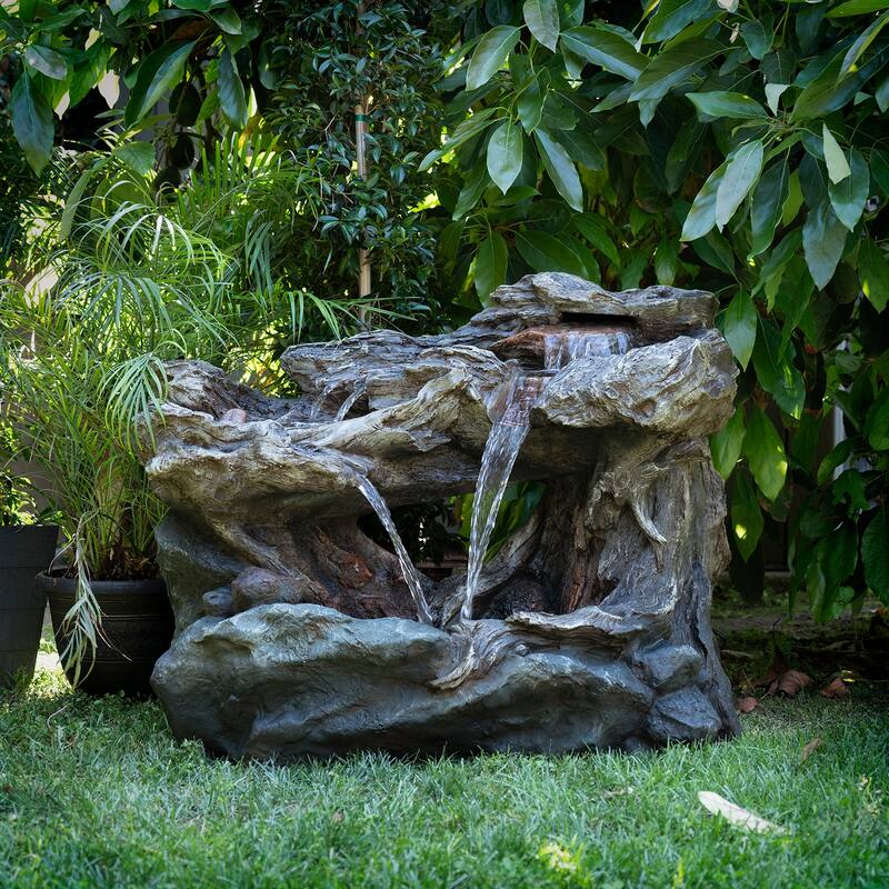 Alpine Corporation WIN256 24" Outdoor 2 Tier Fallen Tree Trunk Water Fountain with LED Lights