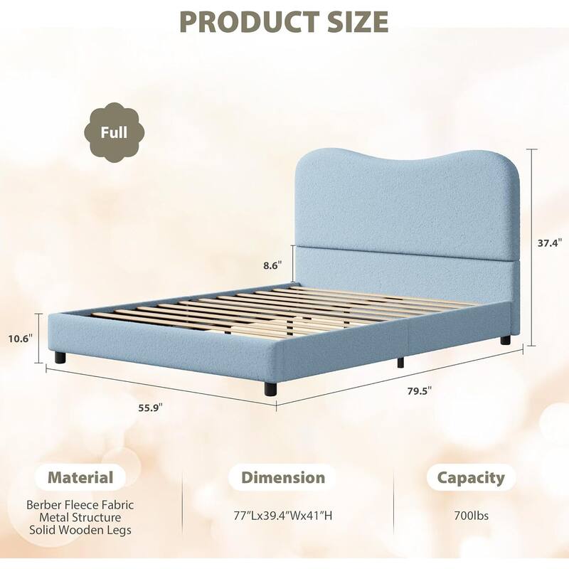 Upholstered Boucle Bed Frame with Headboard, No Box Spring Needed, Blue