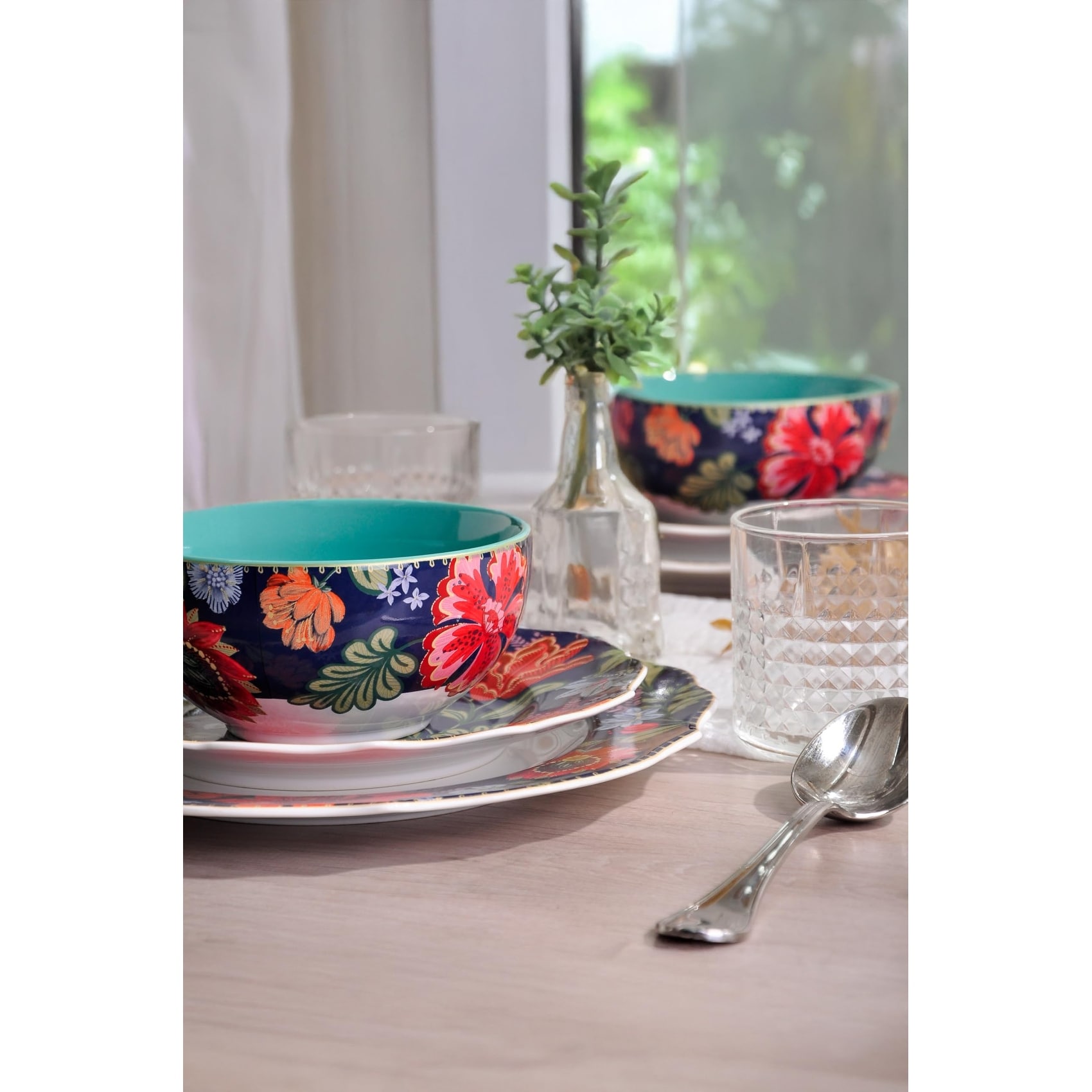 222 Fifth Chintz 12-Piece Blue Porcelain Dinnerware Set - Service