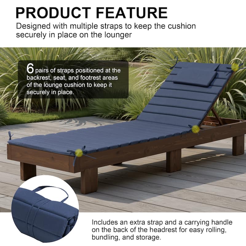 Outdoor Chaise Lounge Cushion Quilted Patio Sun Lounger Pad with Straps
