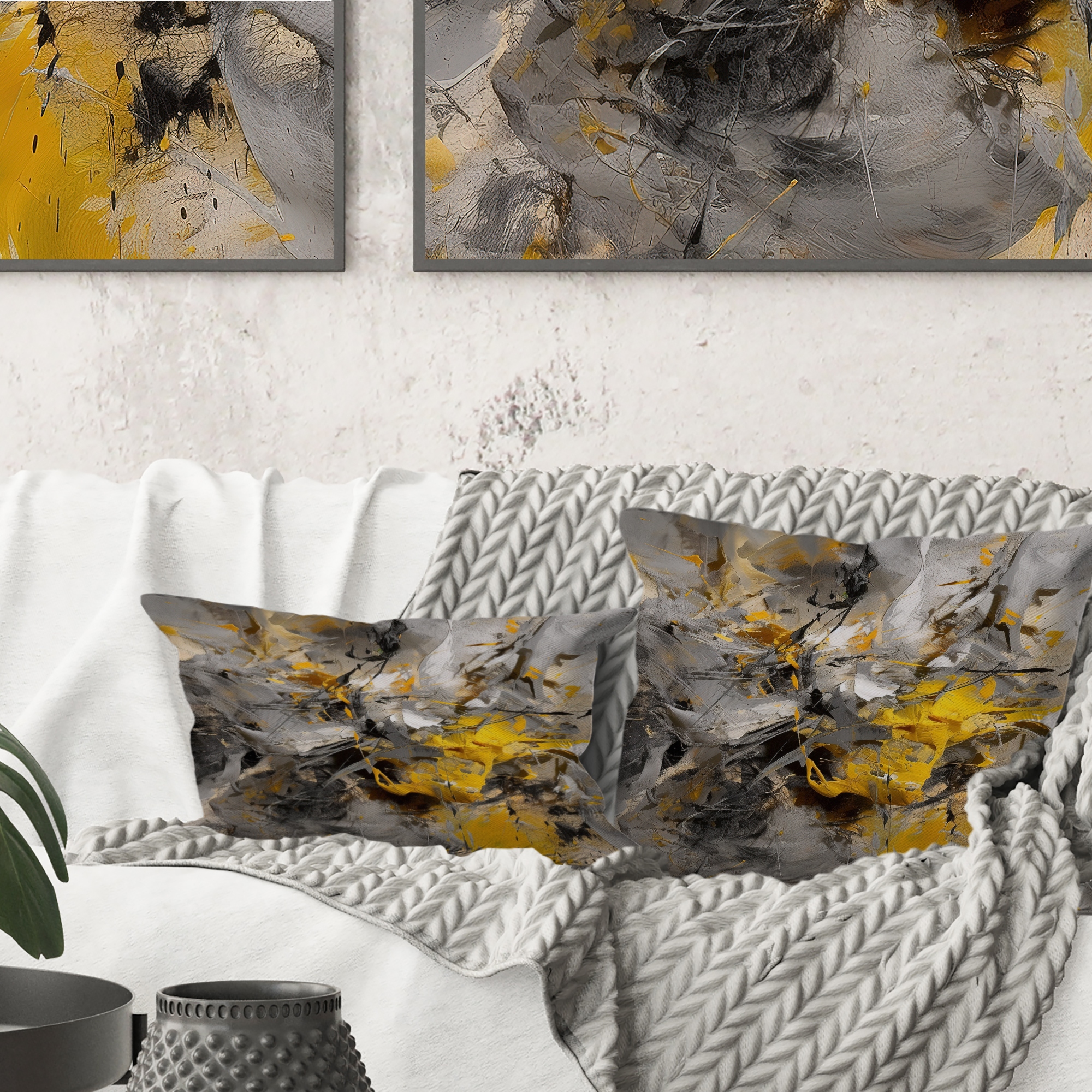 Yellow gray and white throw pillows discount