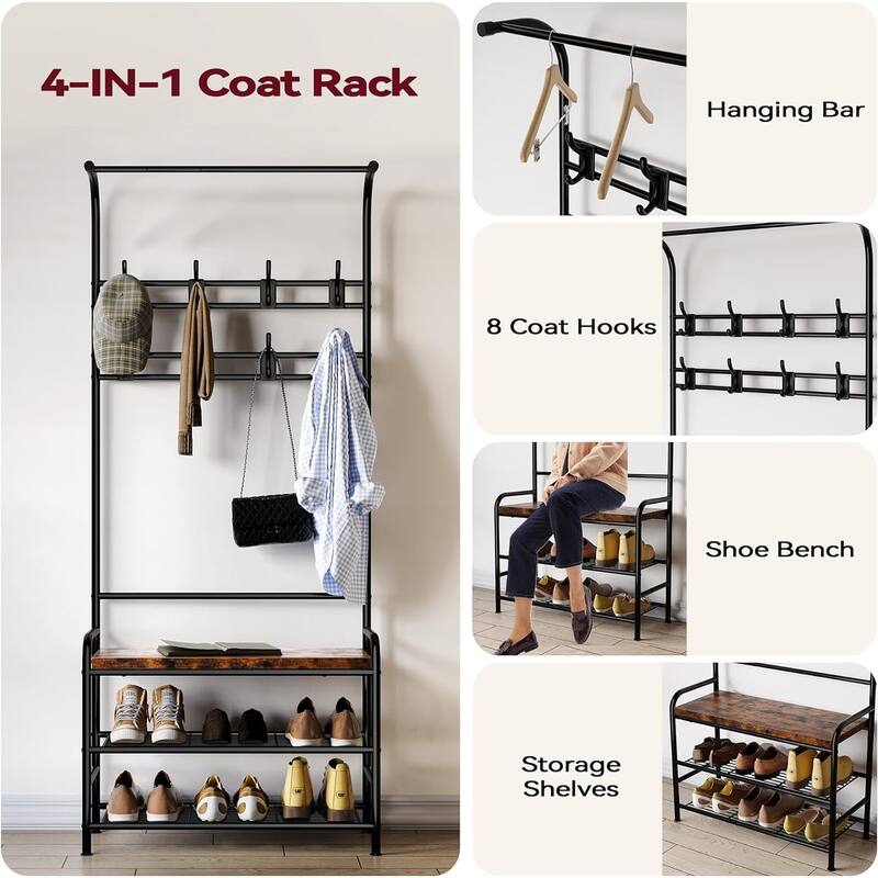 Narrow Hall Tree Storage Bench for Entryway, Coat Rack Shoe Bench
