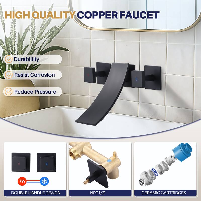 WOWOW Double Handle Wall Mounted WaterFall Bathroom Faucet