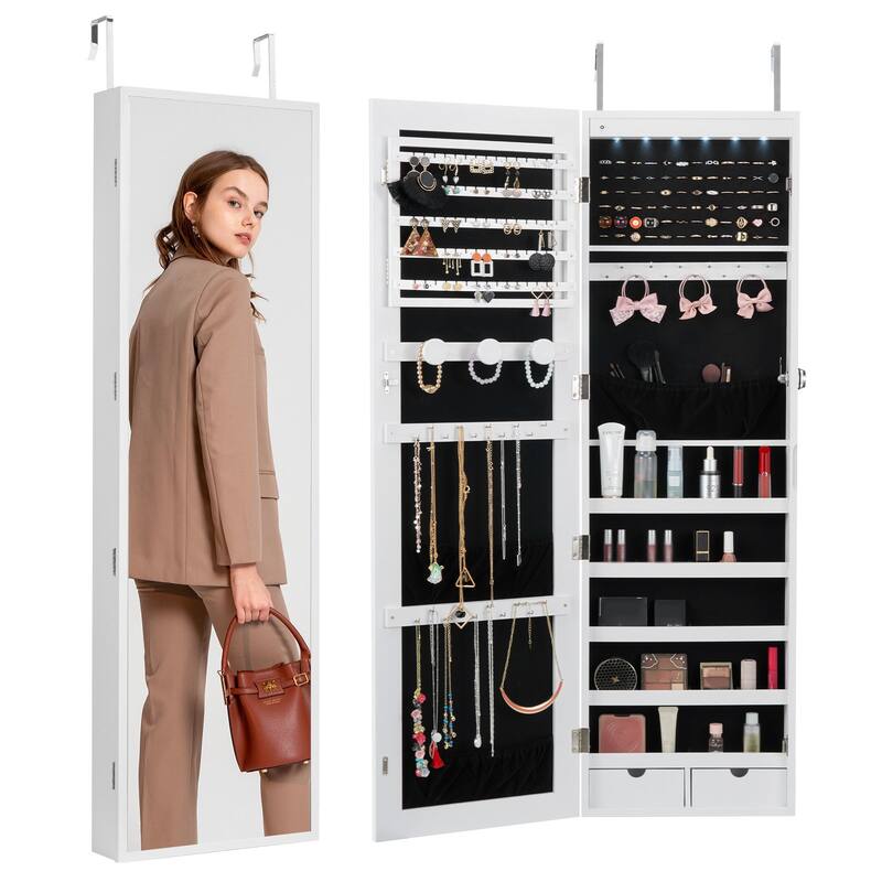2-in-1 Full Length Mirror Jewelry Cabinet Armoire Wall Door Mounted Organizer with Lock - 14.6 x 3.9 x 47.5in