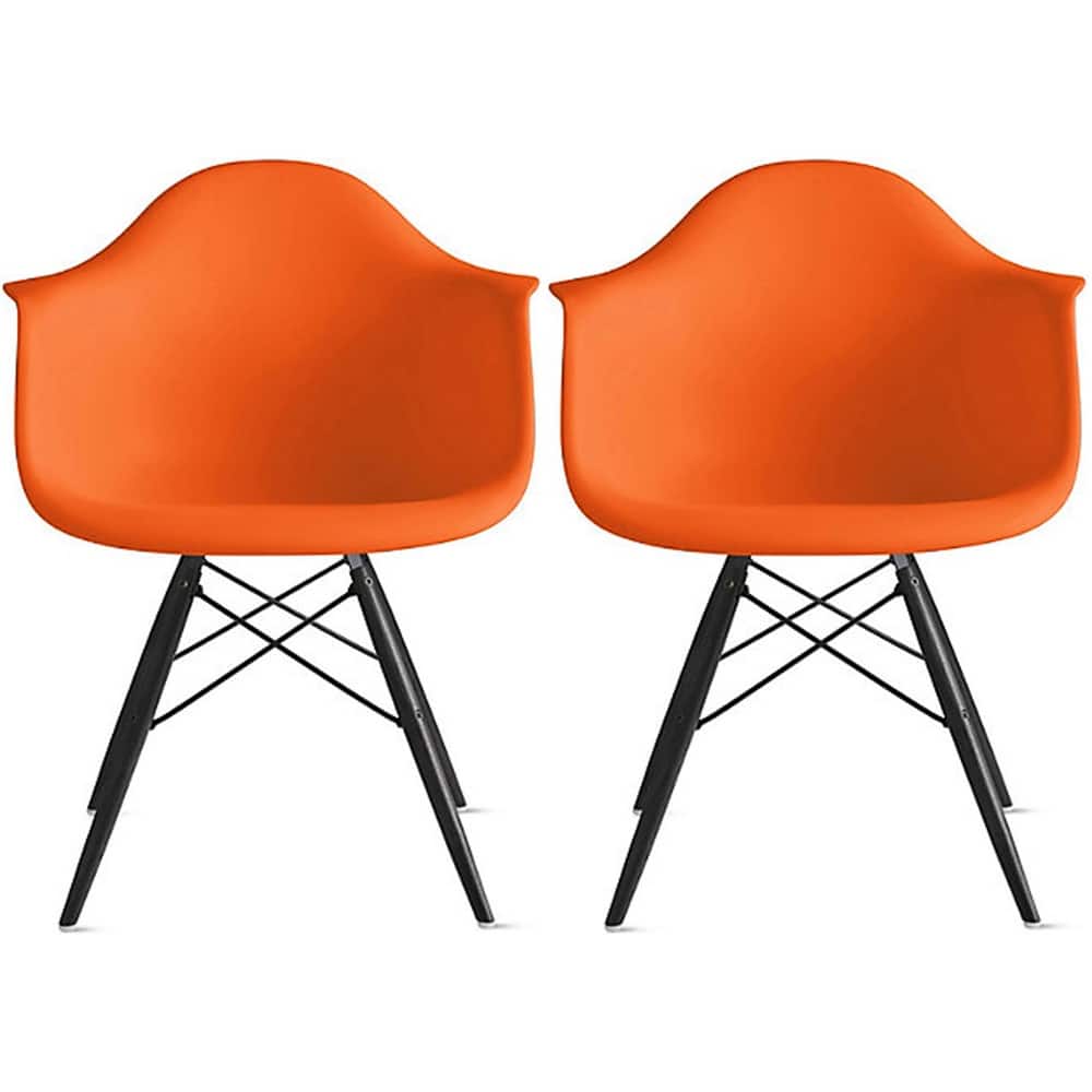 Set of 2 Color Modern Arm Chairs For Dining Room Kitchen Solid Molded Plastic Seat Dark Black Wood Eiffel Legs