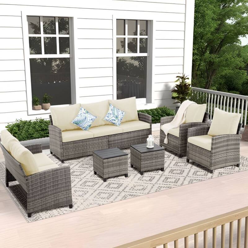 6pcs Wicker Patio Conversation Set Seating Loveseat Sofa with Ottomans - Gray/Beige