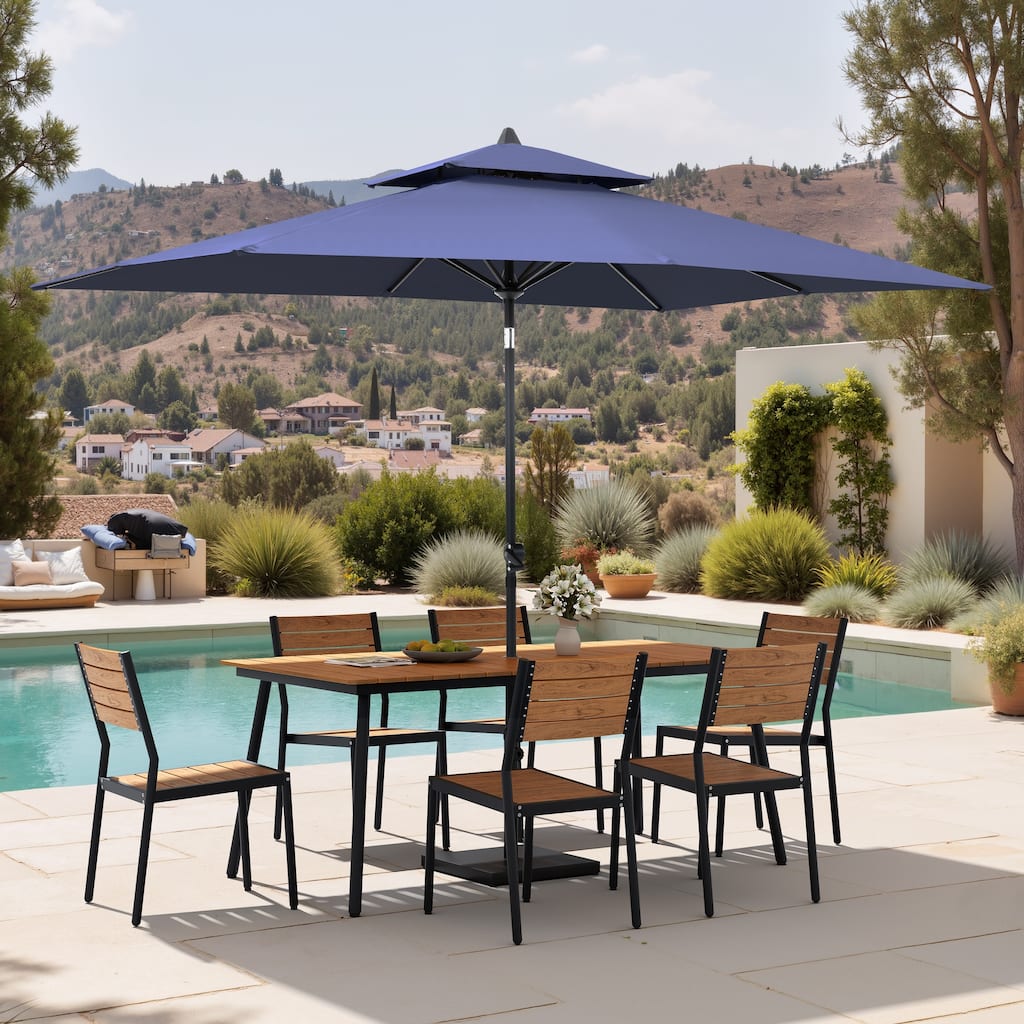 9 PC Outdoor Patio Dining Set Wood-Like Aluminum Umbrella Hole Table with Stackable Chairs,Double Top Market Umbrella and Base