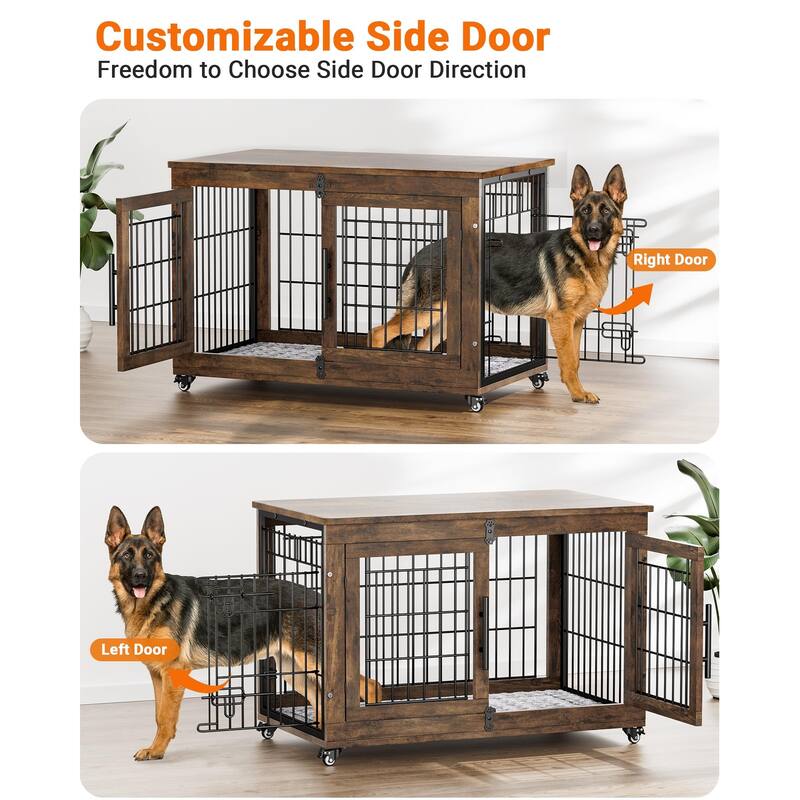 Dog Crate Furniture with Cushion Double Doors Wooden Dog Kennel