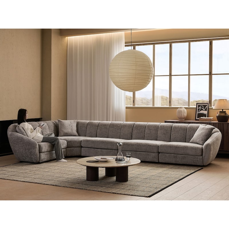 Slope Arm Chenille Fabric Rectangle Sectional Sofa Scallop Sofa - 5 Sests(L Shape) - Dark Grey