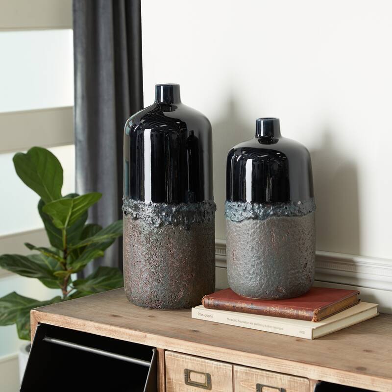 Black Ceramic Decorative Vase (Set of 2) - 8 x 8 x 19