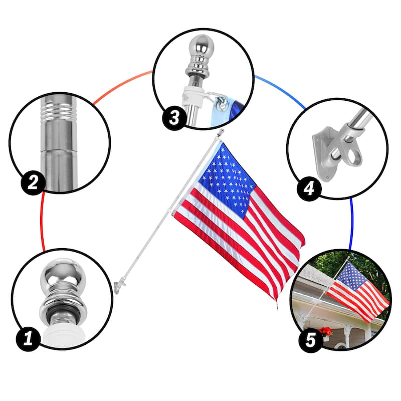 6ft Flag Pole Kit - Stainless-Steel Flagpole with Rotating Rings to Prevent Tangles by Pure Garden (Silver)