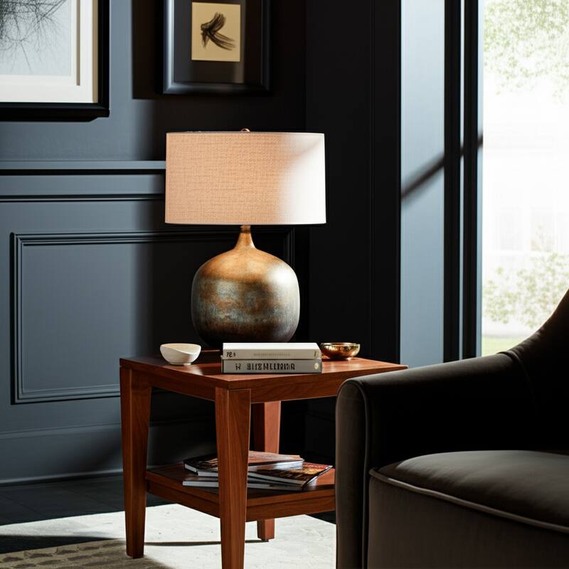 Metal Table Lamp Rounded Base Drum Shade Glam Modern Accent Lighting