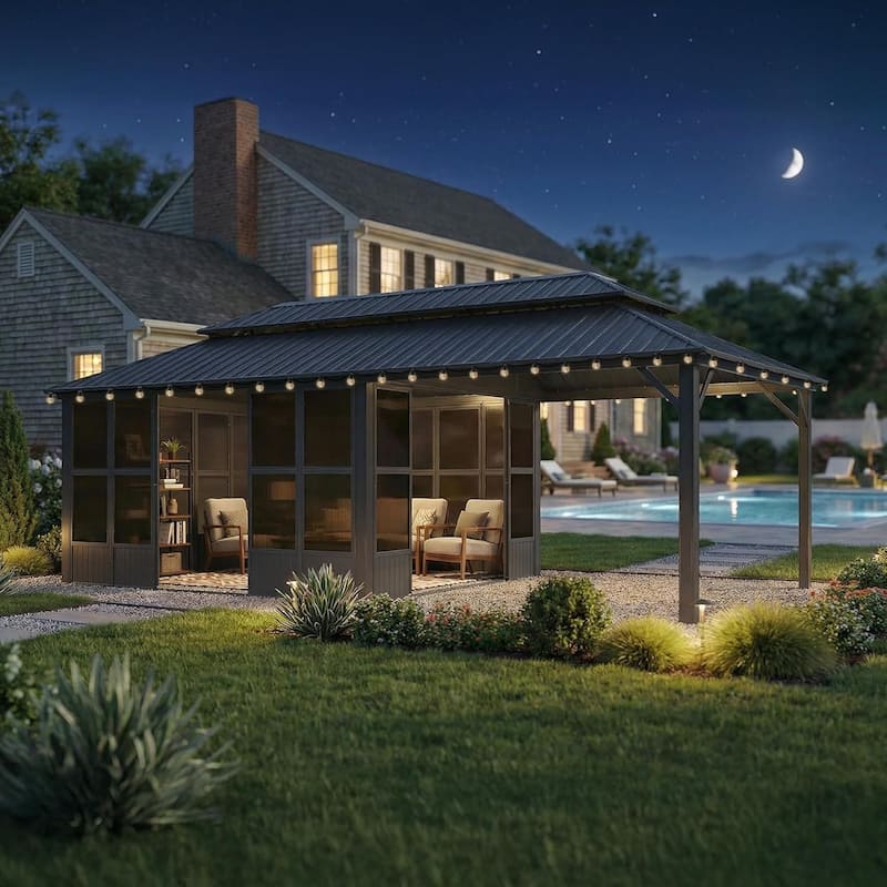PURPLE LEAF Double Top Outdoor Sunroom All-Weather Screen House Patio Hardtop Gazebo - 12' x 24' - Grey(With Ligths)