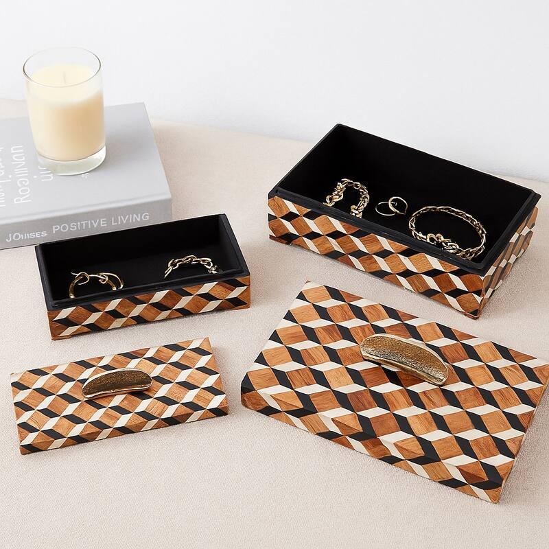 Resin Decorative Boxes with Metallic Accent (Set of 2) - 5" & 2" Black - 14" x 8" x 5.25"