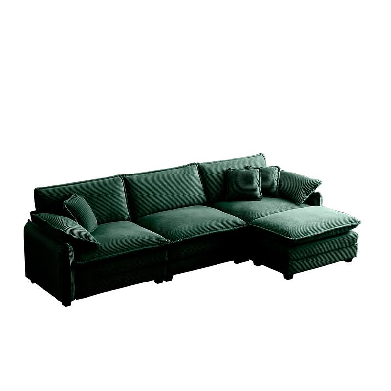 Green 4-piece Corduroy Upholstered L-Shaped Modular Sectional Sofa with Removable Ottoman, 5 Pillows, and Free Combination