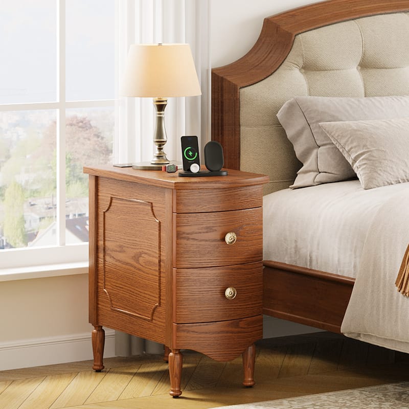 Rossetta Vintage Style Slim Narrow End Table with Convenient Charging Station and Deep Drawers, Easy Assembly - Dark Brown