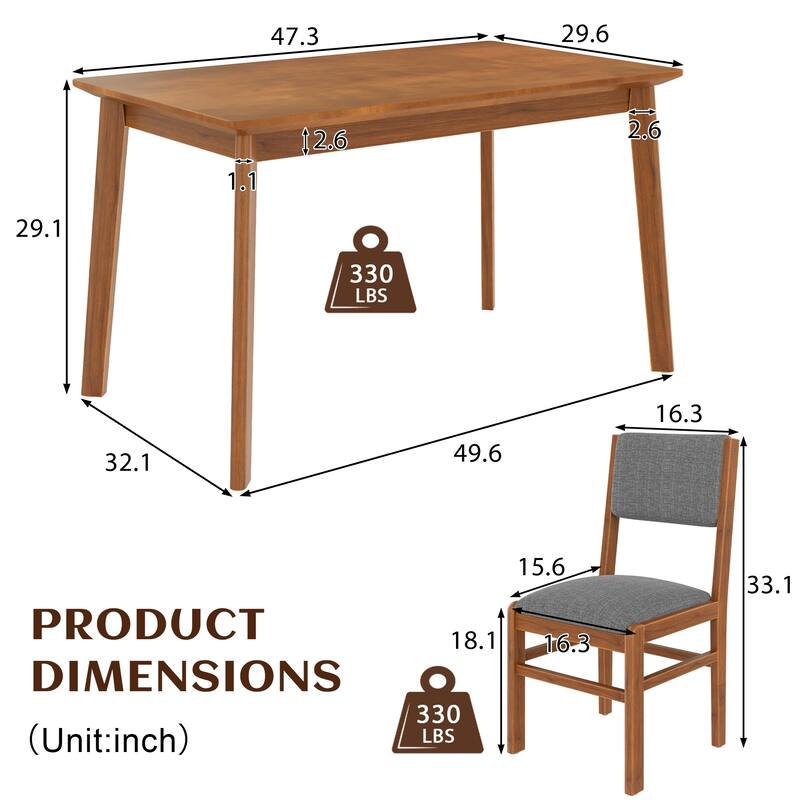 5 Piece Wooden Dining Table and Chairs Set, Mid-Century Modern Table with Linen Upholstered Chairs for Kitchen