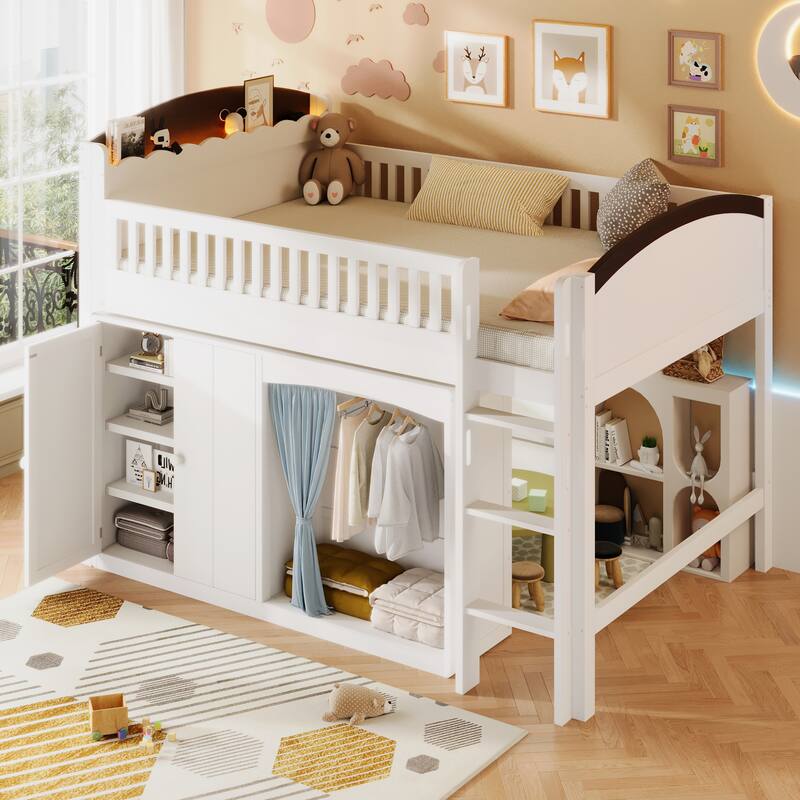Kids Wooden Loft Bed with Double Door Wardrobe, Storage Headboard Built-in LED, Storage Cabinet and Curtain for Children's Room