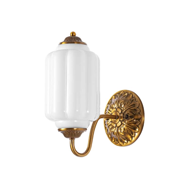 1-Light Vintage Aged Antique Brass Finish Lantern Shaped Wall Light with Milk/Green Glass for Bedroom, Hallways