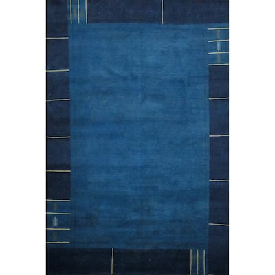 Hand Knotted Oriental 100% Wool Carpet Modern Geometric Navy Blue & Blues Gabbeh Area Rug - 12' 9'' X 9' 10''