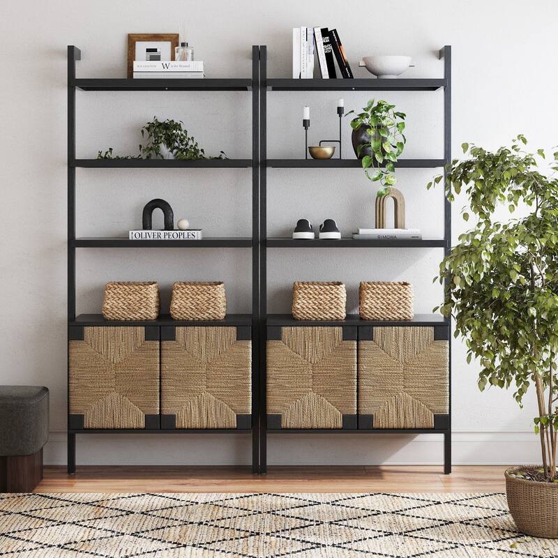 Nathan James Theo Open Shelf Industrial Bookcase with Drawers or Cabinets - Set of 2 - Seagrass/Black