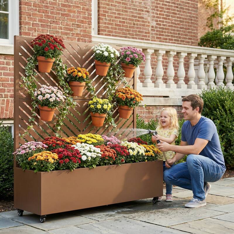 Raised Garden Bed Planter with Trellis Movable Planter Box with Lockable Wheels