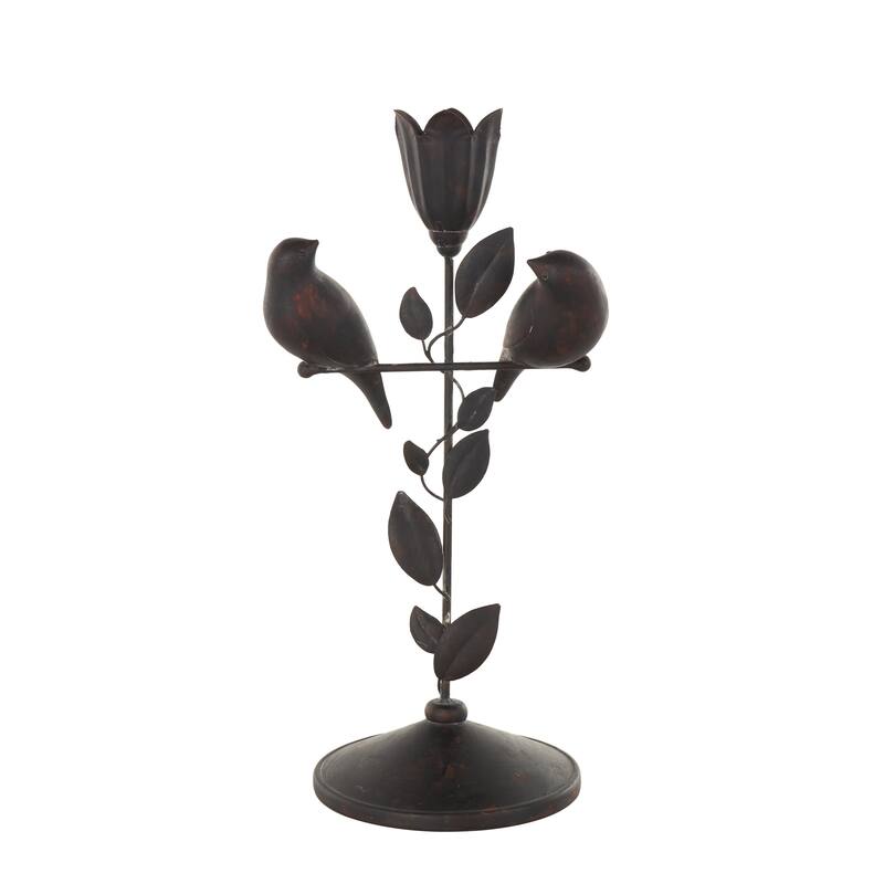 Black Polystone Perching Bird Decorative Sculpture with Leaf Vine and Copper Shading