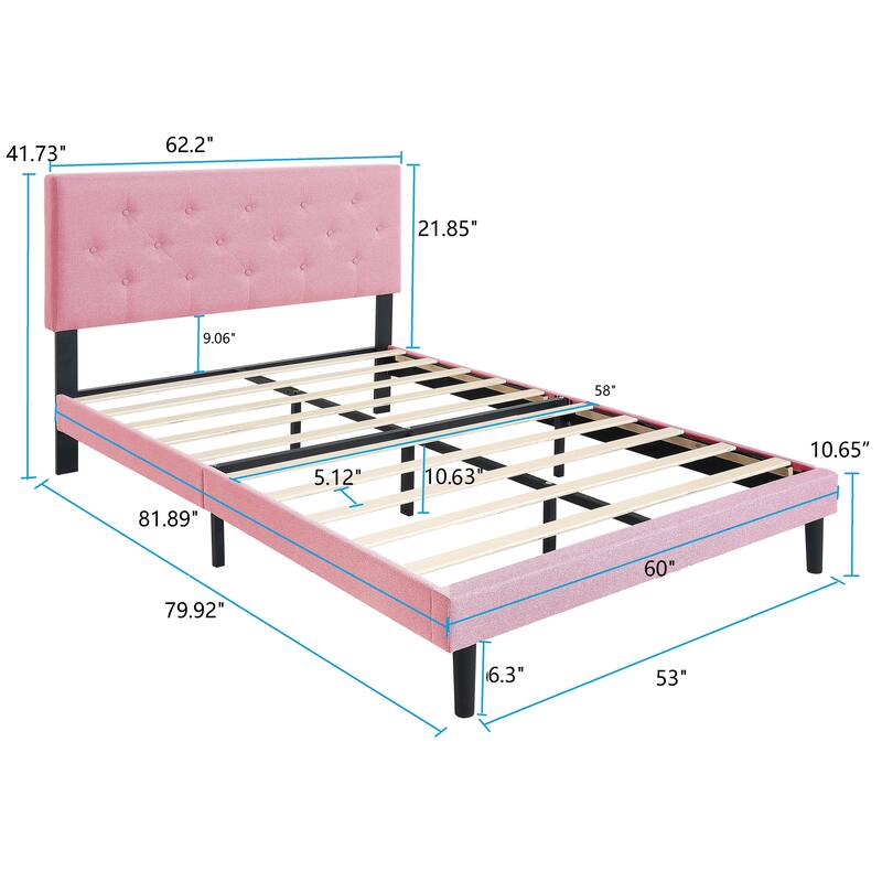 Queen Size Upholstered Platform Bed Frame with Modern Button Tufted Linen Fabric Headboard, Wood Slat Support, for Men Women