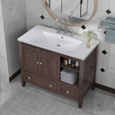 36" Bathroom Vanity with Ceramic Basin, Bathroom Storage Cabinet with Two Doors and Drawers