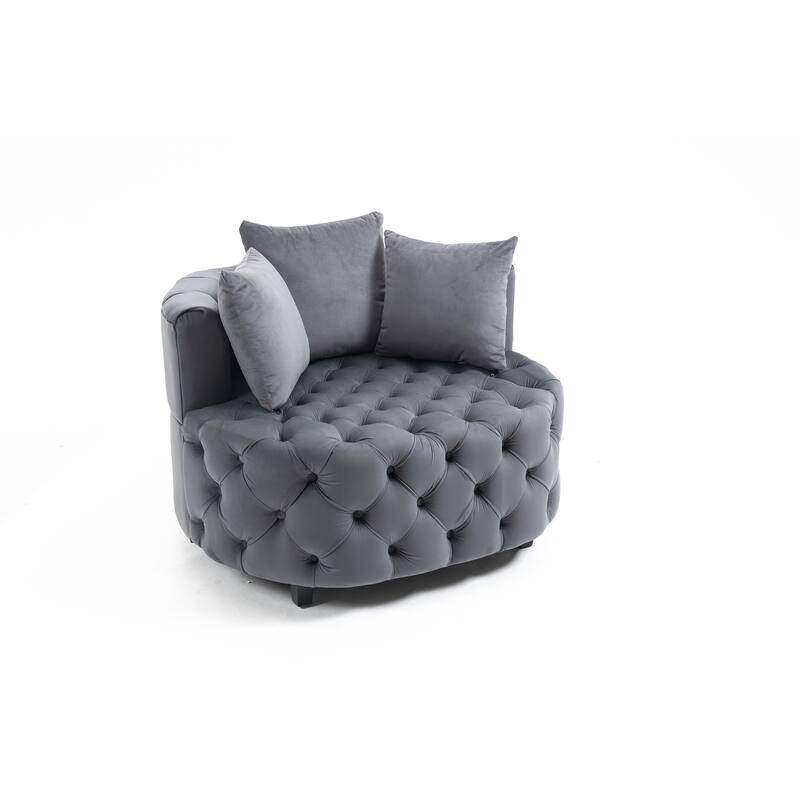 Velvet Upholstered Tufted Barrel Sofa Chair For Living Room With Toss Pillows