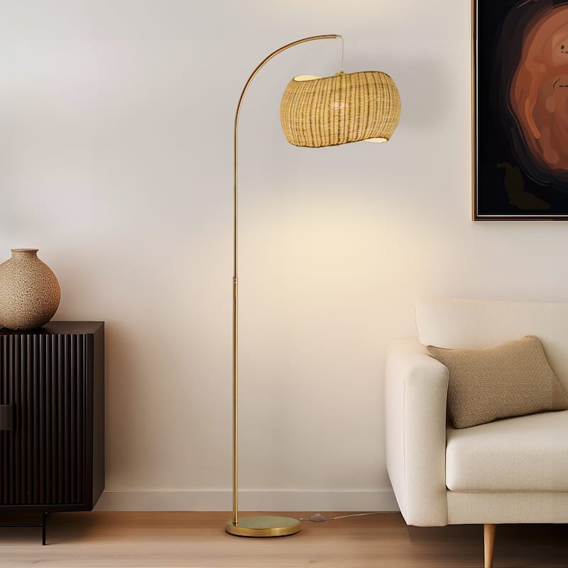 Brightech Wave 81 in. Antique Brass Mid-Century Modern LED Super Bright Floor Lamp with Beige Bamboo Drum Shade