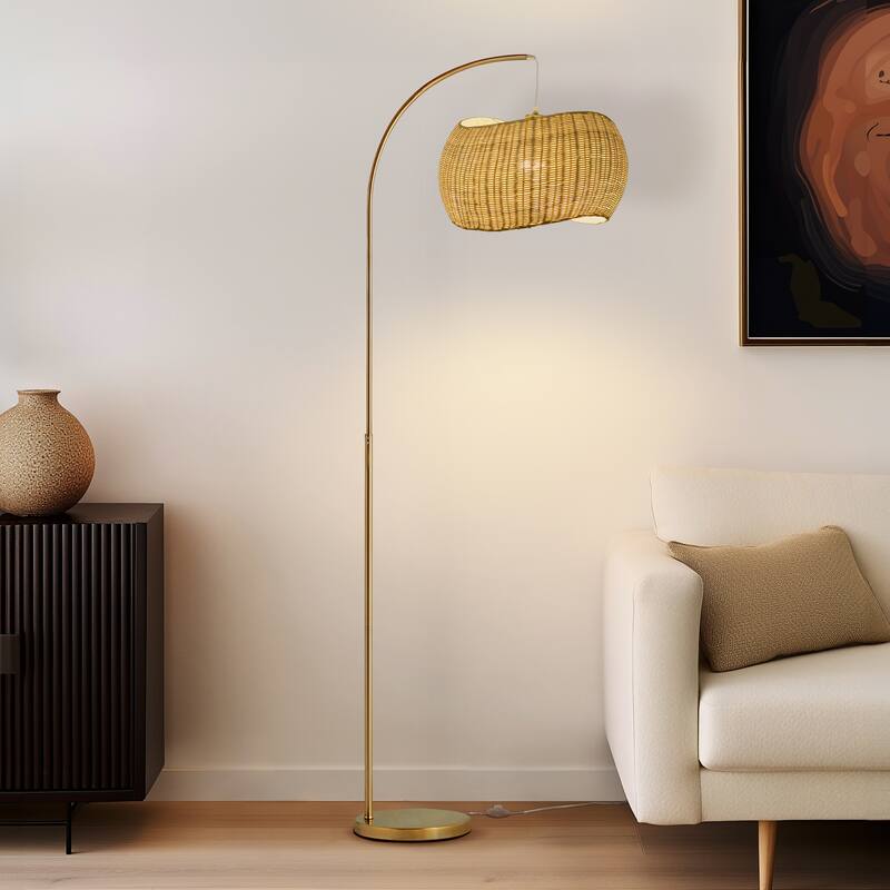 Brightech Wave 81 in. Mid-Century Modern LED Super Bright Floor Lamp with Beige Bamboo Drum Shade