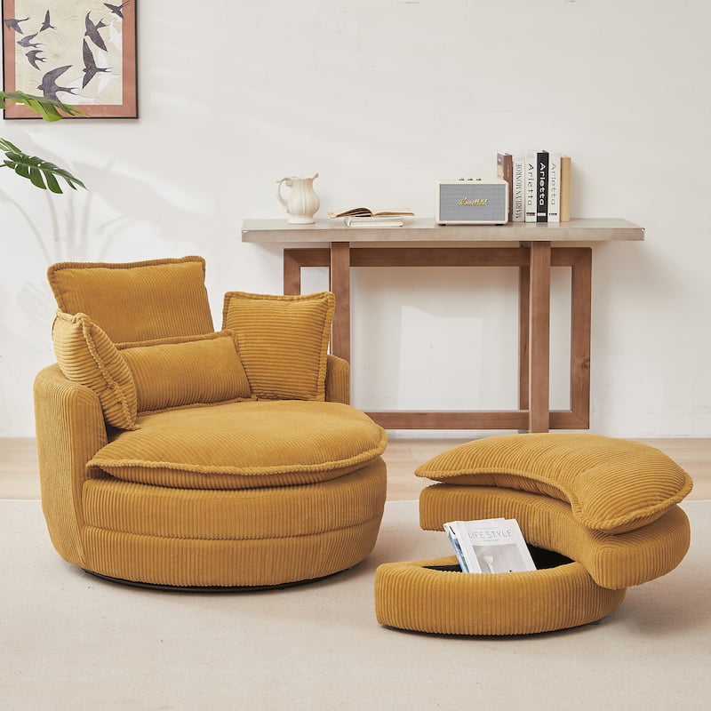 52" Upholstered Swivel Barrel Chair with Moon Storage Ottoman