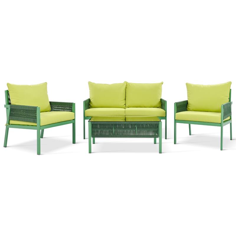 4-Piece Patio Furniture Set, Outdoor Garden Conversation Set with Tempered Glass Table, Deep Seating and Thick Cushion