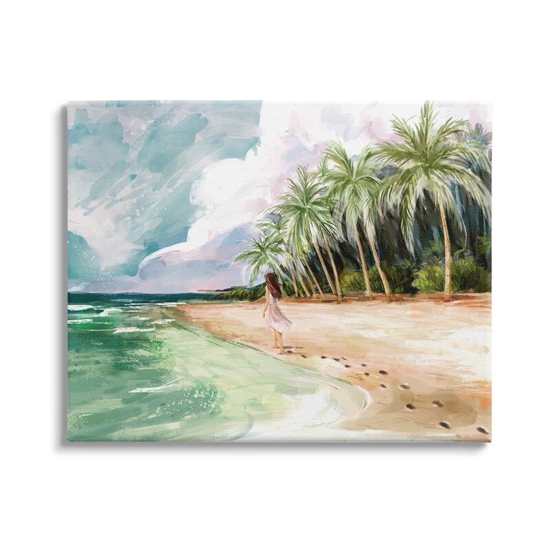 Stupell Woman Walking Sandy Footprints Tropical Beach Coast Canvas Wall Art - Blue - 30 x 24