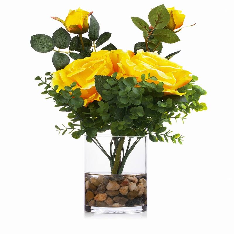 Enova Home 2 Large Artificial Silk Roses Fake Flowers and Mixed Greenery in Clear Glass Vase with River Rock for Home Decoration - Yellow