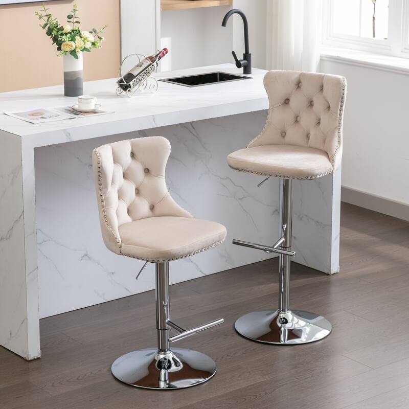 Set of 2 Swivel Velvet Bar Stools with Adjustable Height