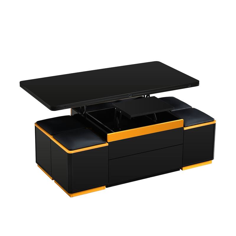 Lift-Top Coffee Table with 4 Storage Stools, Center Table with Foldable Top, Multi-Functional Adjustable Coffee Table