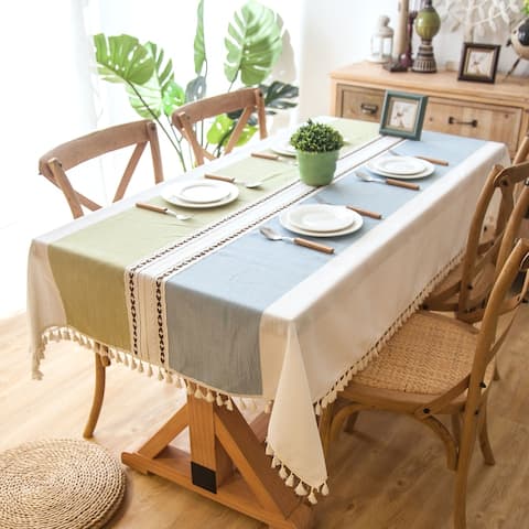 Enova Home 54"x 78" High Quality Rectangle Cotton and Linen Tablecloth with Tassels