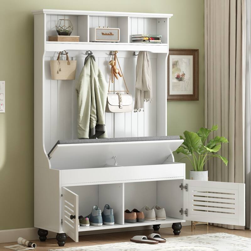 47.2'' Entryway Bench with Shutter-Shaped Doors, Coat Rack, Cushion and 4 Sturdy Hooks