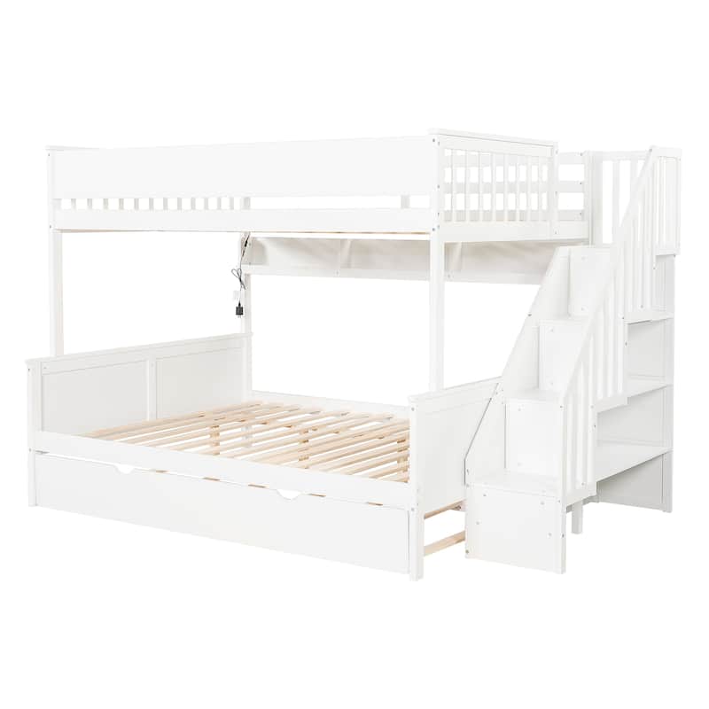Full XL Over Queen Bunk Bed with Staircase Storage, Underbed Trundle, Open Shelf & LED Light by Harper&Bright Designs