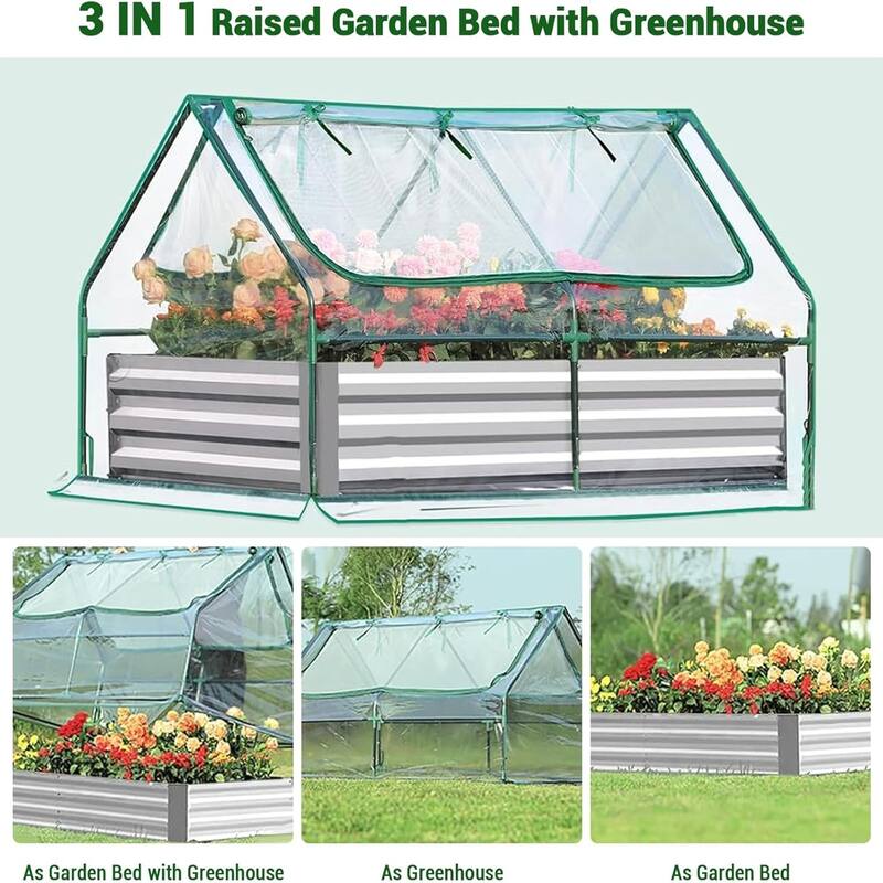 2-in-1 Greenhouse and Raised Bed Kit 180x90x90cm Galvanized Steel Planter with PVC Cover and 2 Viewing Windows - 180*90*90cm